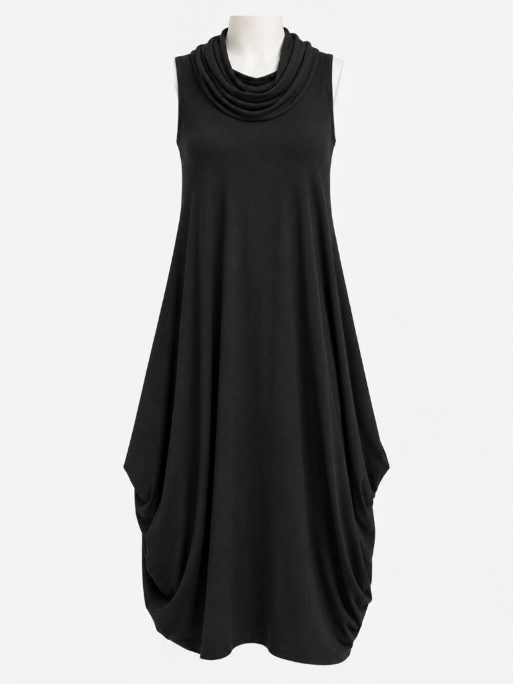 Sympli Black Cowl Neck Sleeveless Midi Lantern Dress SZ 8 Pockets
